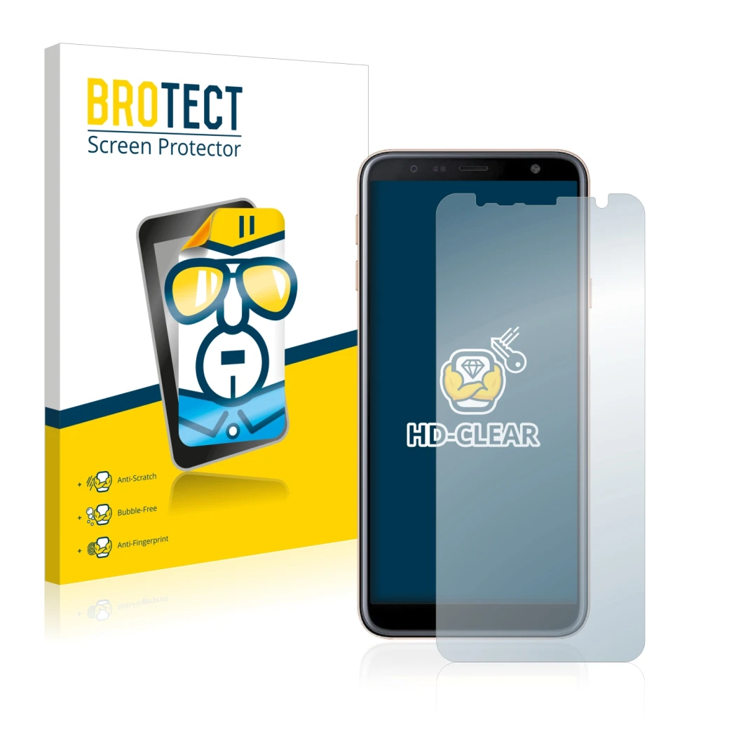 Front side of a product packaging with the brand logo BROTECT. Next to it is the device Samsung Galaxy J4 Plus shown with the