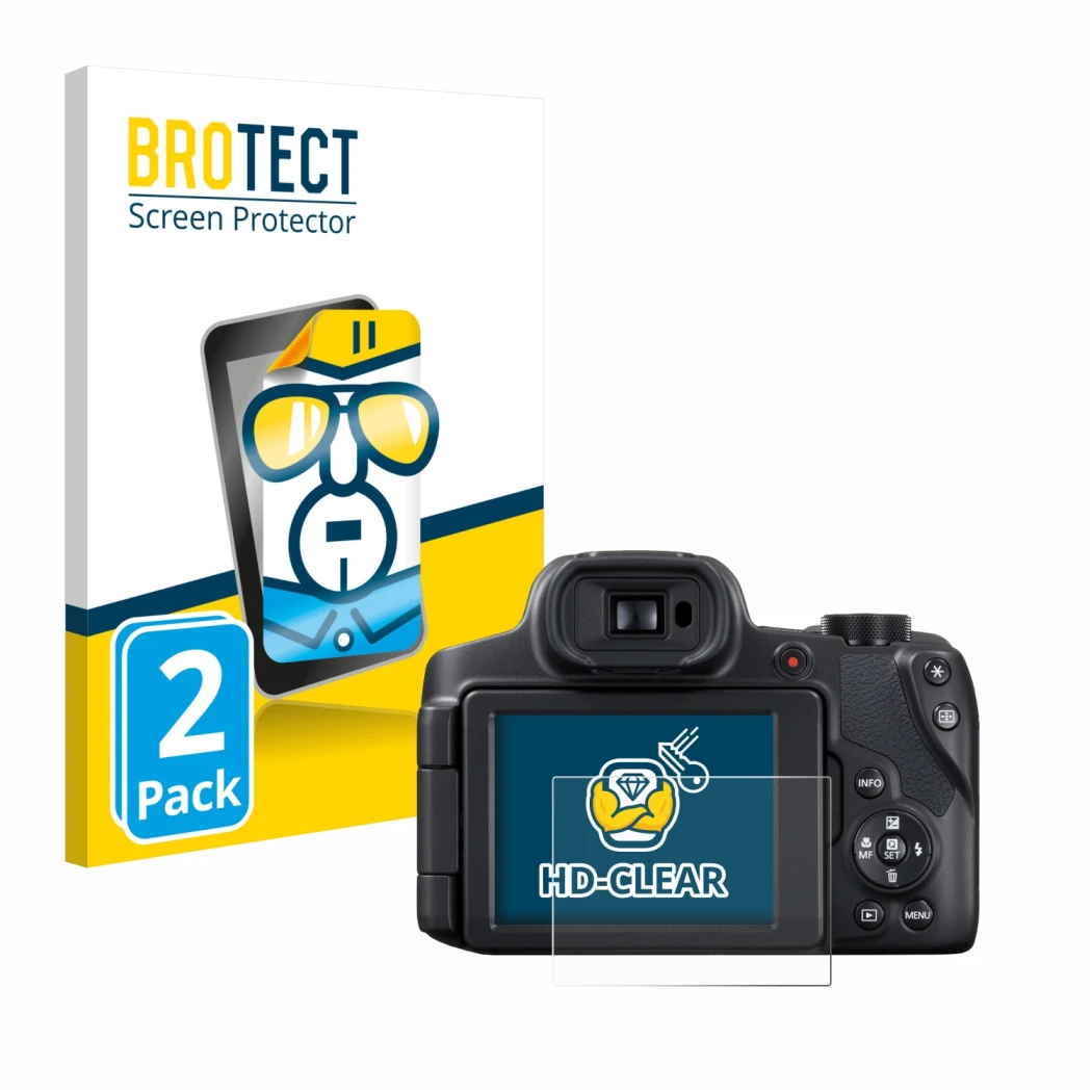 Front side of a product packaging with the brand logo BROTECT. Next to it is the device Canon PowerShot SX70 HS shown with the