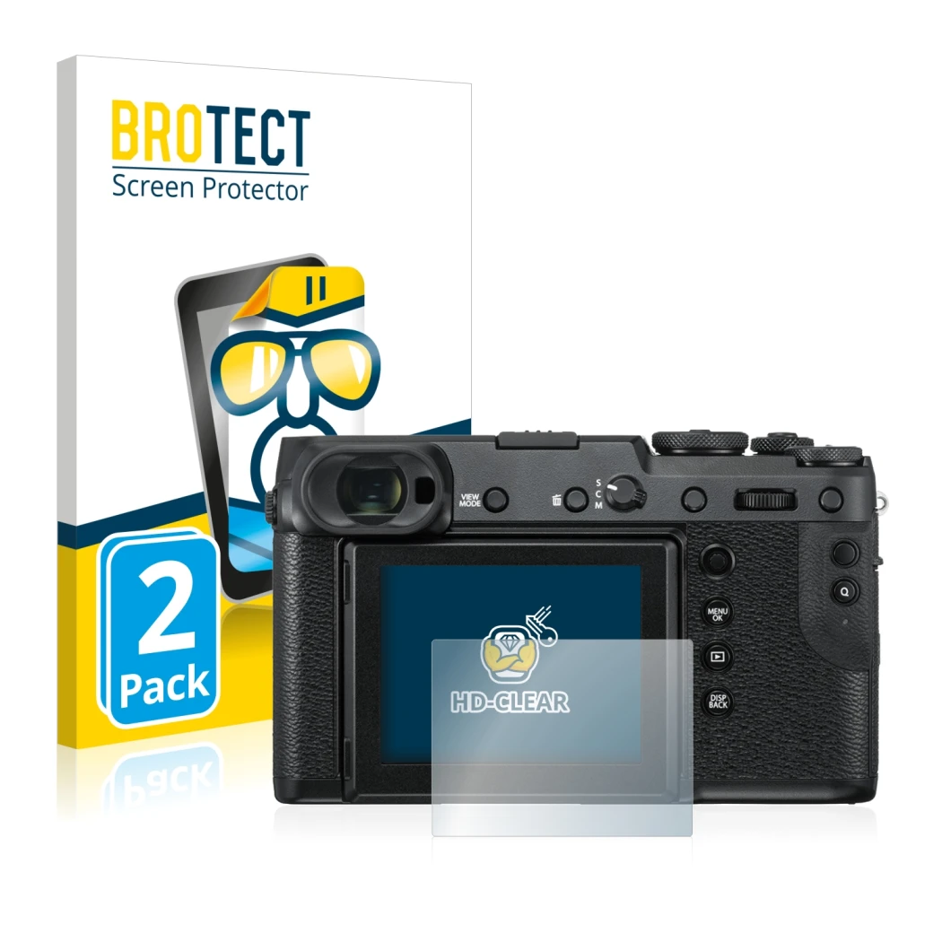 Front side of a product packaging with the brand logo BROTECT. Next to it is the device Fujifilm GFX 50R shown with the corres