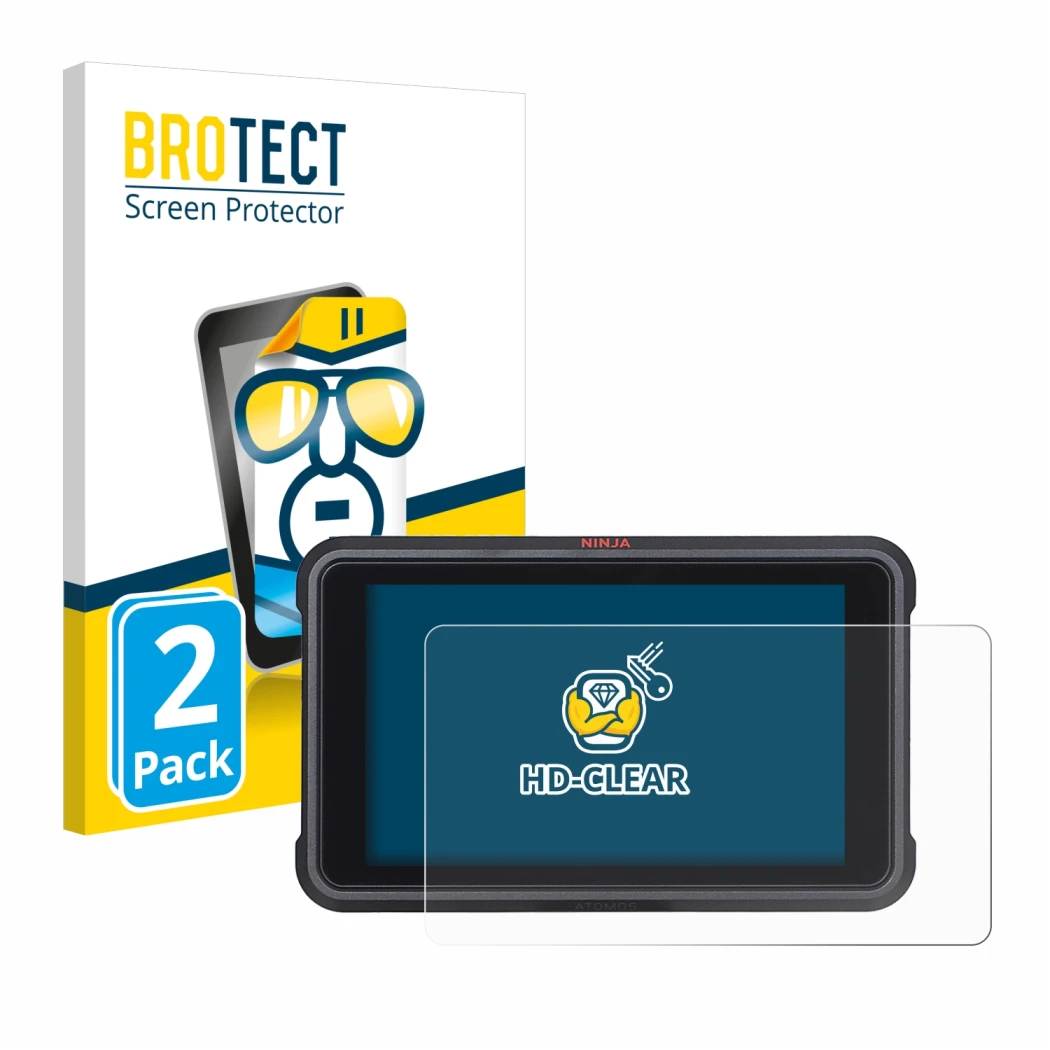 Front side of a product packaging with the brand logo BROTECT. Next to it is the device Atomos Ninja V shown with the correspo