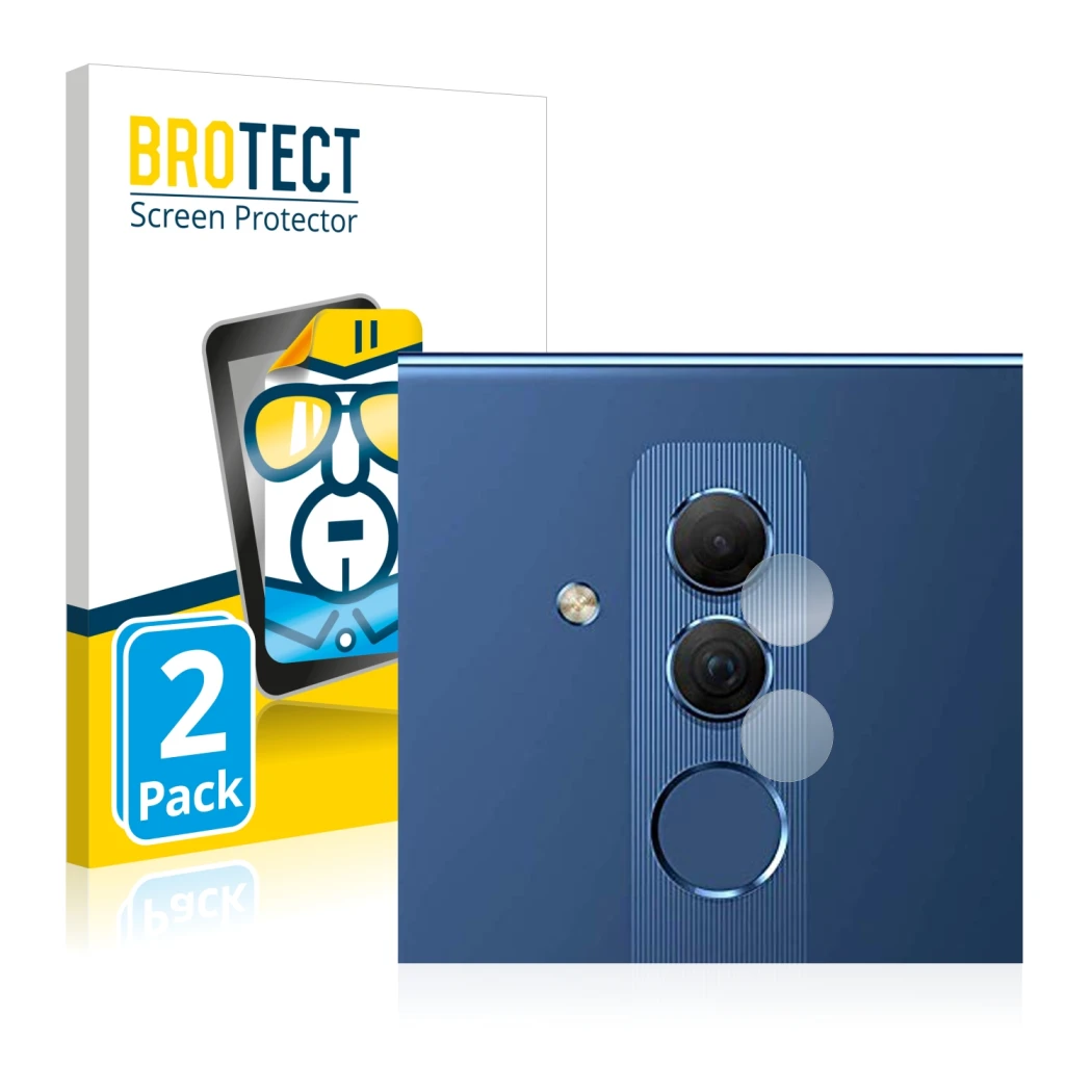 Front side of a product packaging with the brand logo BROTECT. Next to it is the device Huawei Mate 20 lite (ONLY Camera Lens)