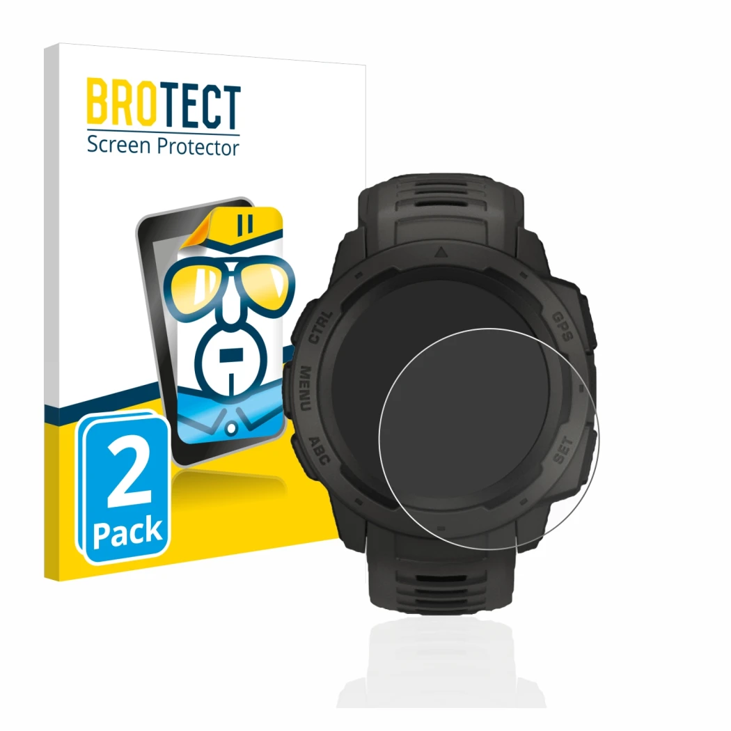 Front side of a product packaging with the brand logo BROTECT. Next to it is the device Garmin Instinct shown with the corresp