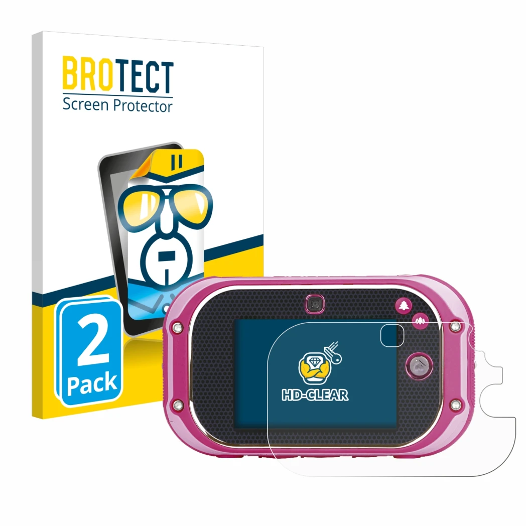 Front side of a product packaging with the brand logo BROTECT. Next to it is the device Vtech Kidizoom Touch 5.0 2018 shown wi