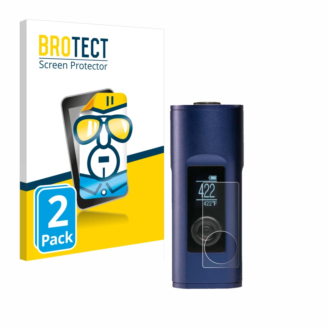Front side of a product packaging with the brand logo BROTECT. Next to it is the device Arizer Solo 2 shown with the correspon
