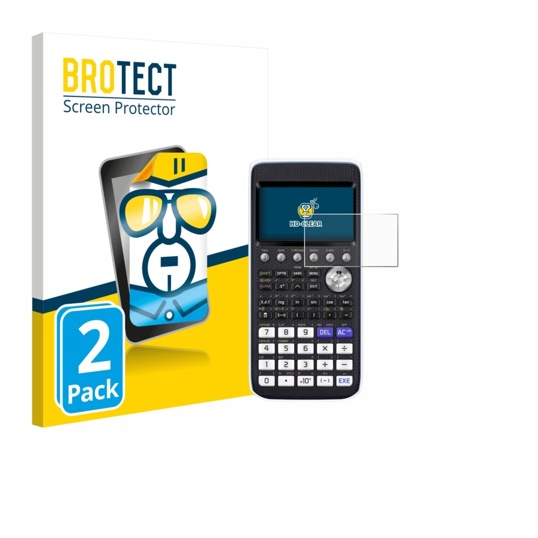 Front side of a product packaging with the brand logo BROTECT. Next to it is the device Casio FX-CG50 shown with the correspon