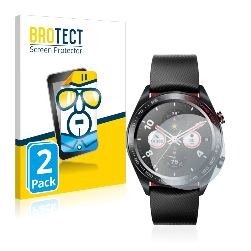 Front side of a product packaging with the brand logo BROTECT. Next to it is the device Honor Watch Magic shown with the corre
