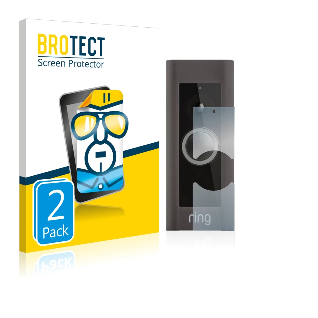 Front side of a product packaging with the brand logo BROTECT. Next to it is the device Ring Video Doorbell Pro shown with the