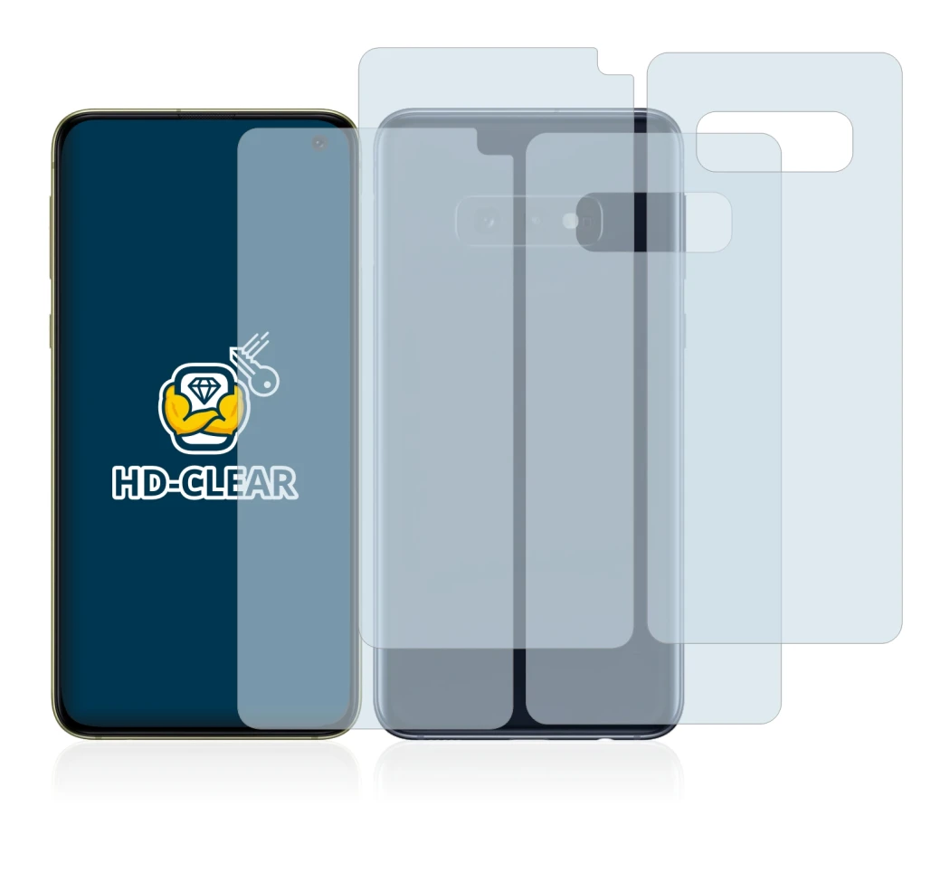 Image of the device Samsung Galaxy S10e (Front+Back) with a wide variety of screen protectors.