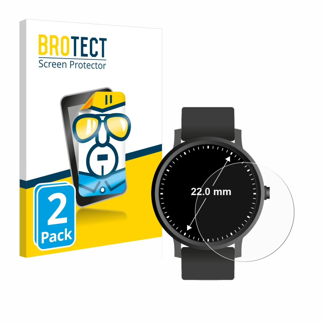 Front side of a product packaging with the brand logo BROTECT. Next to it is the device Circular Displays (ø: 22 mm) shown wit