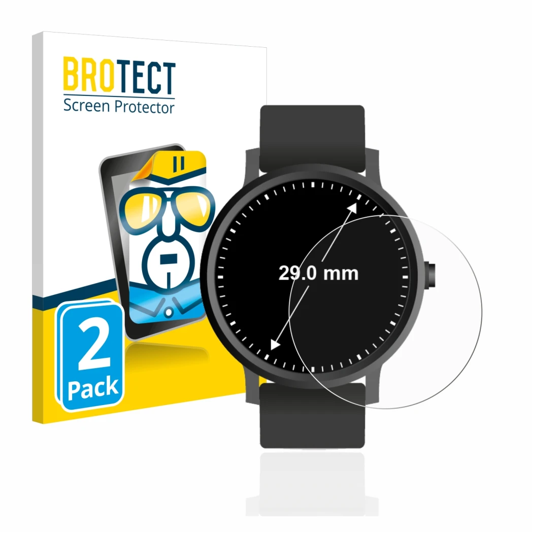 Front side of a product packaging with the brand logo BROTECT. Next to it is the device Circular Displays (ø: 29 mm) shown wit