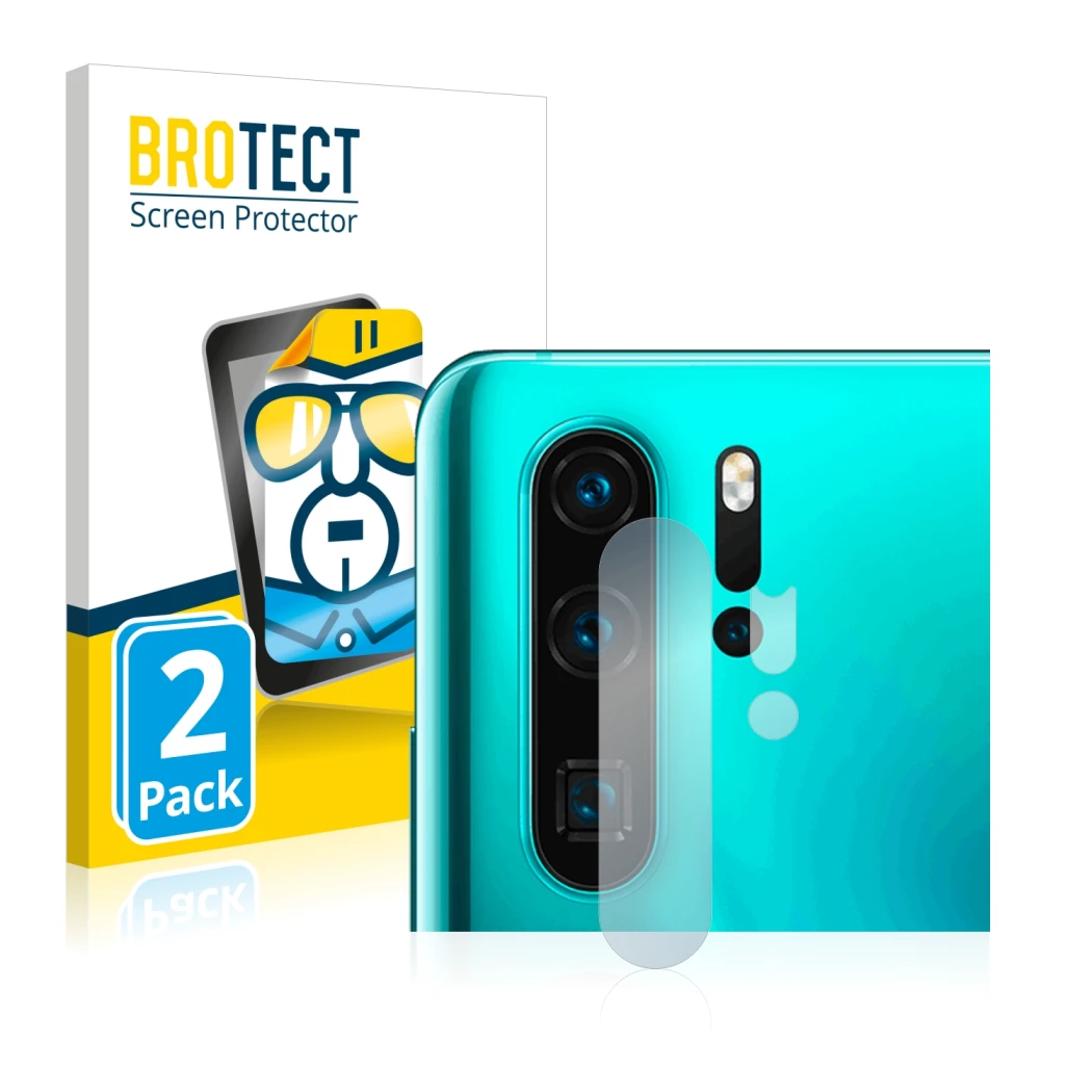 Front side of a product packaging with the brand logo BROTECT. Next to it is the device Huawei P30 Pro (ONLY Camera Lens) show
