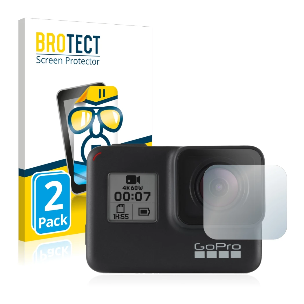 Front side of a product packaging with the brand logo BROTECT. Next to it is the device GoPro Hero 7 Black (Lens) shown with t