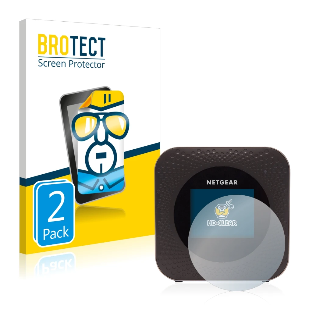 Front side of a product packaging with the brand logo BROTECT. Next to it is the device Netgear Nighthawk M1 shown with the co