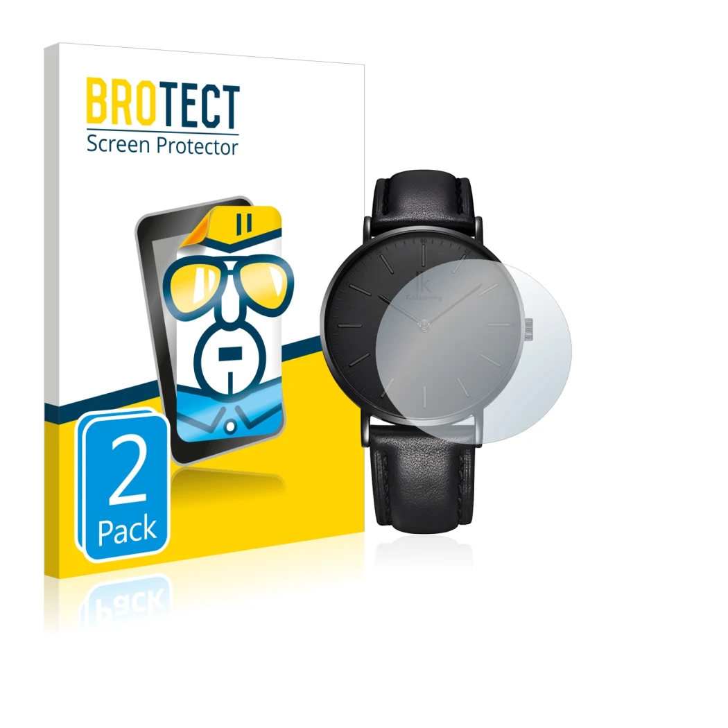 Front side of a product packaging with the brand logo BROTECT. Next to it is the device Alienwork IK Watch (36 mm) shown with