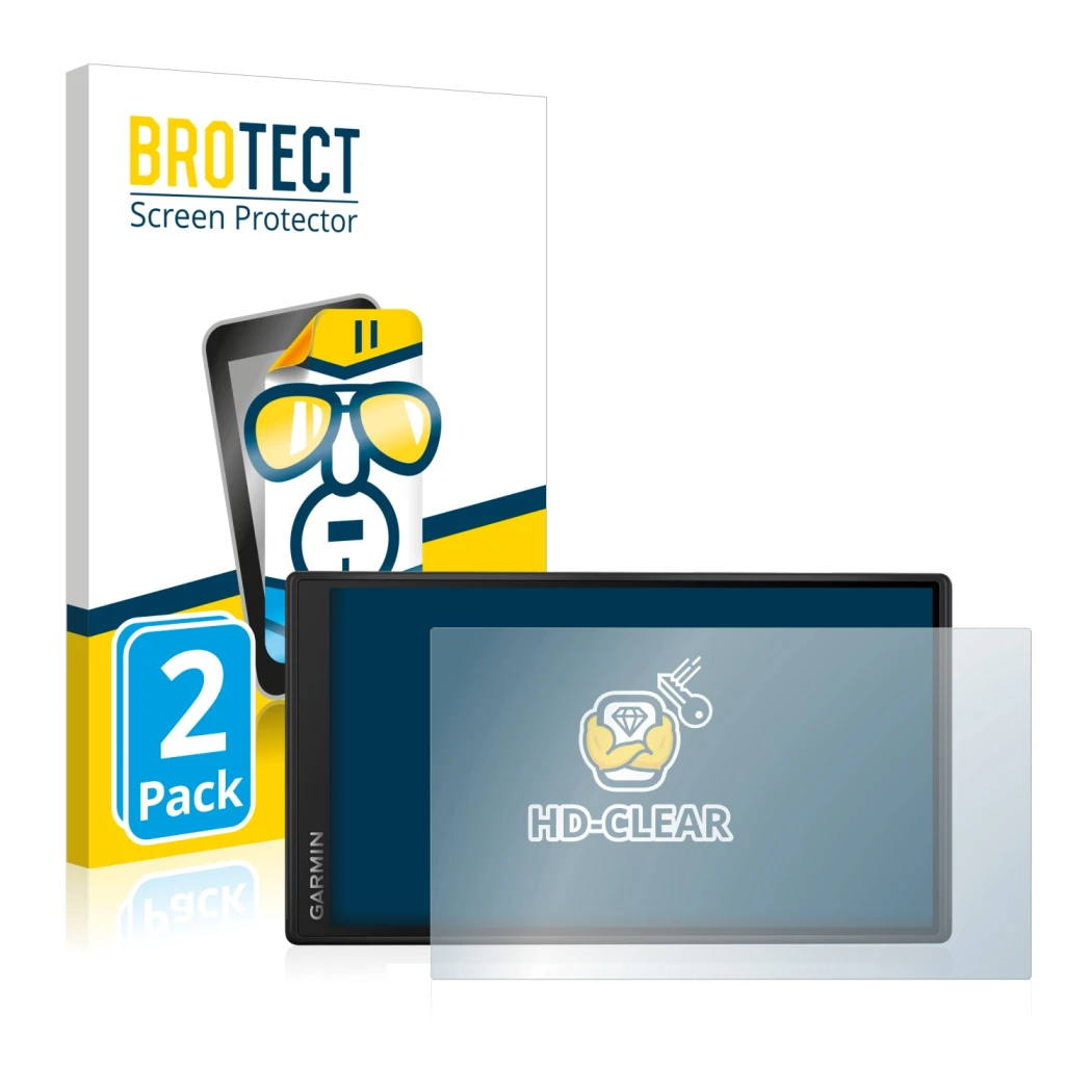 Front side of a product packaging with the brand logo BROTECT. Next to it is the device Garmin DriveSmart 55 shown with the co