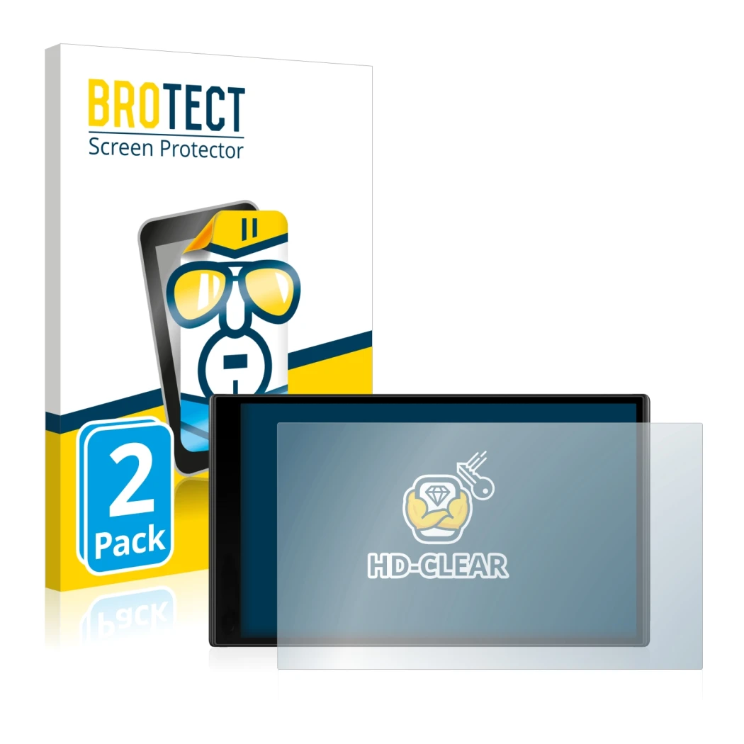 Front side of a product packaging with the brand logo BROTECT. Next to it is the device Garmin DriveSmart 65 shown with the co