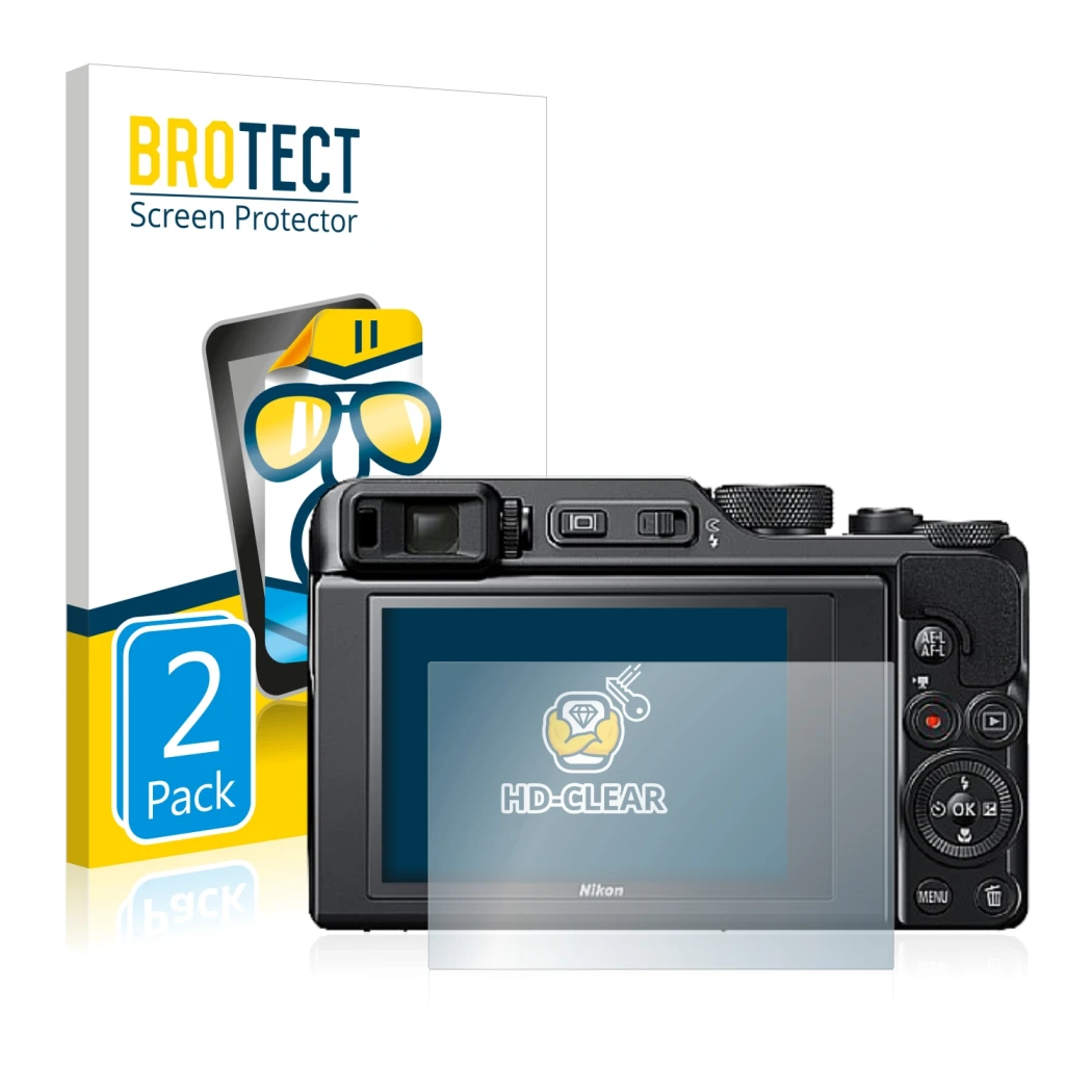 Front side of a product packaging with the brand logo BROTECT. Next to it is the device Nikon Coolpix A1000 shown with the cor