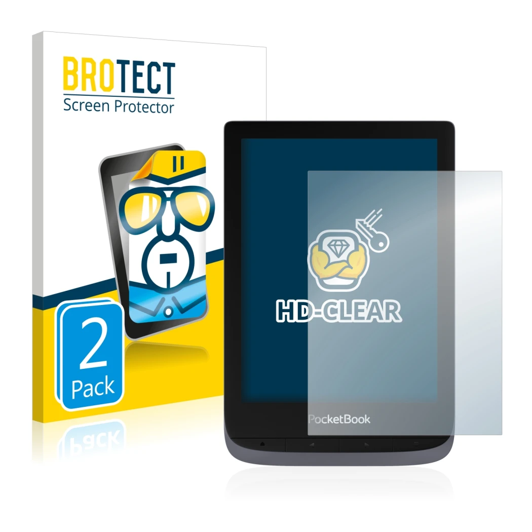 Front side of a product packaging with the brand logo BROTECT. Next to it is the device PocketBook Touch HD 3 shown with the c