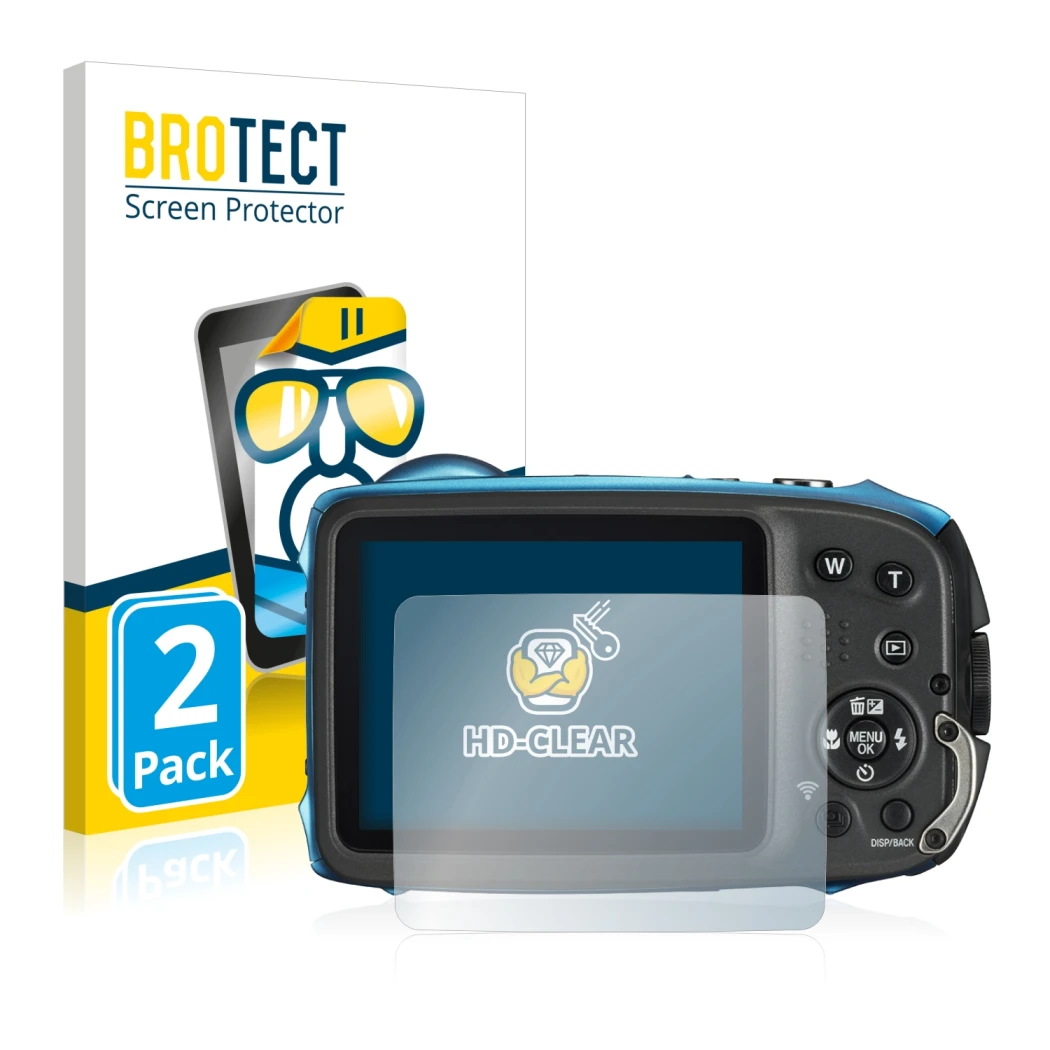 Front side of a product packaging with the brand logo BROTECT. Next to it is the device Fujifilm FinePix XP140 shown with the