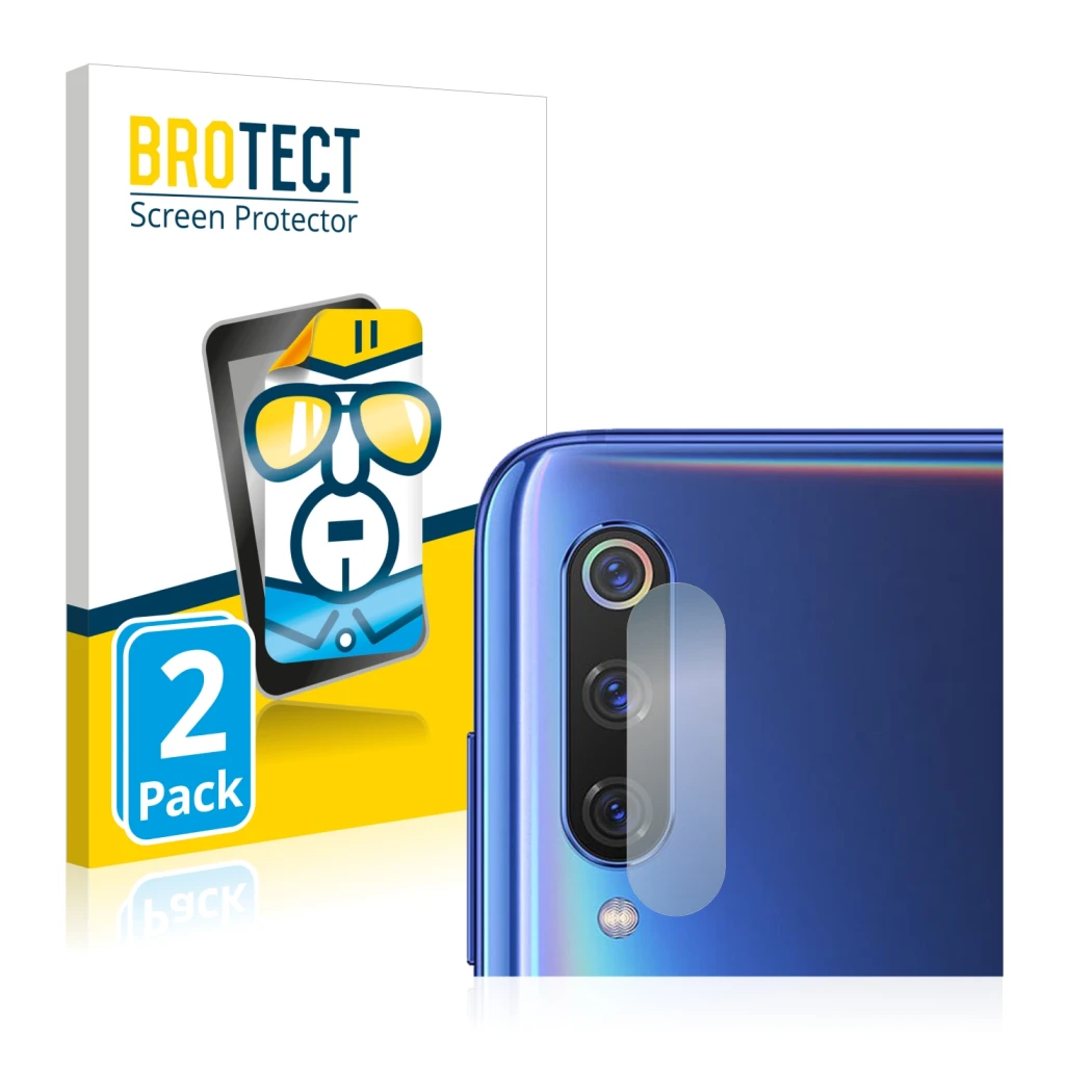 Front side of a product packaging with the brand logo BROTECT. Next to it is the device Xiaomi Mi 9 (ONLY Camera Lens) shown w