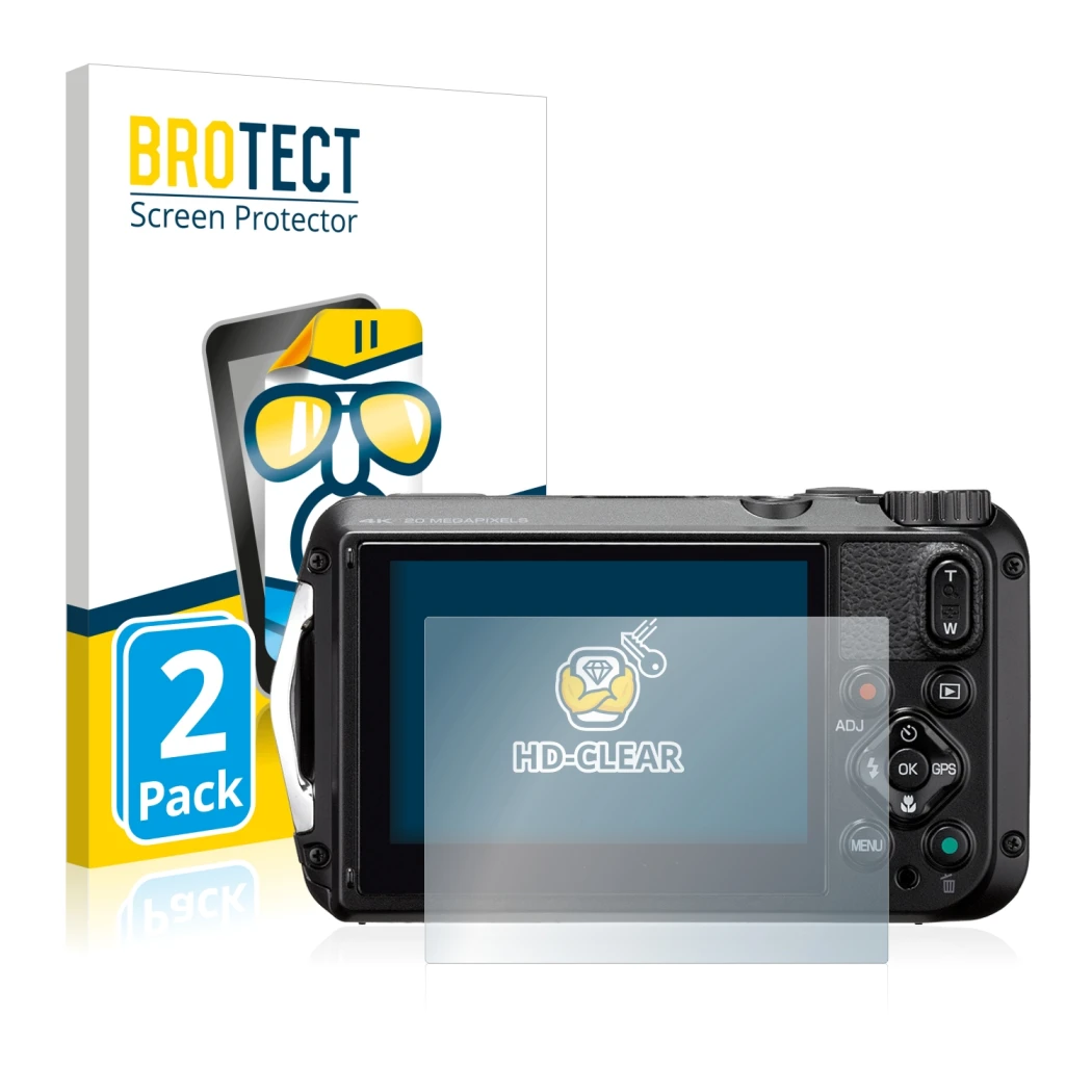 Front side of a product packaging with the brand logo BROTECT. Next to it is the device Ricoh WG-6 shown with the correspondin