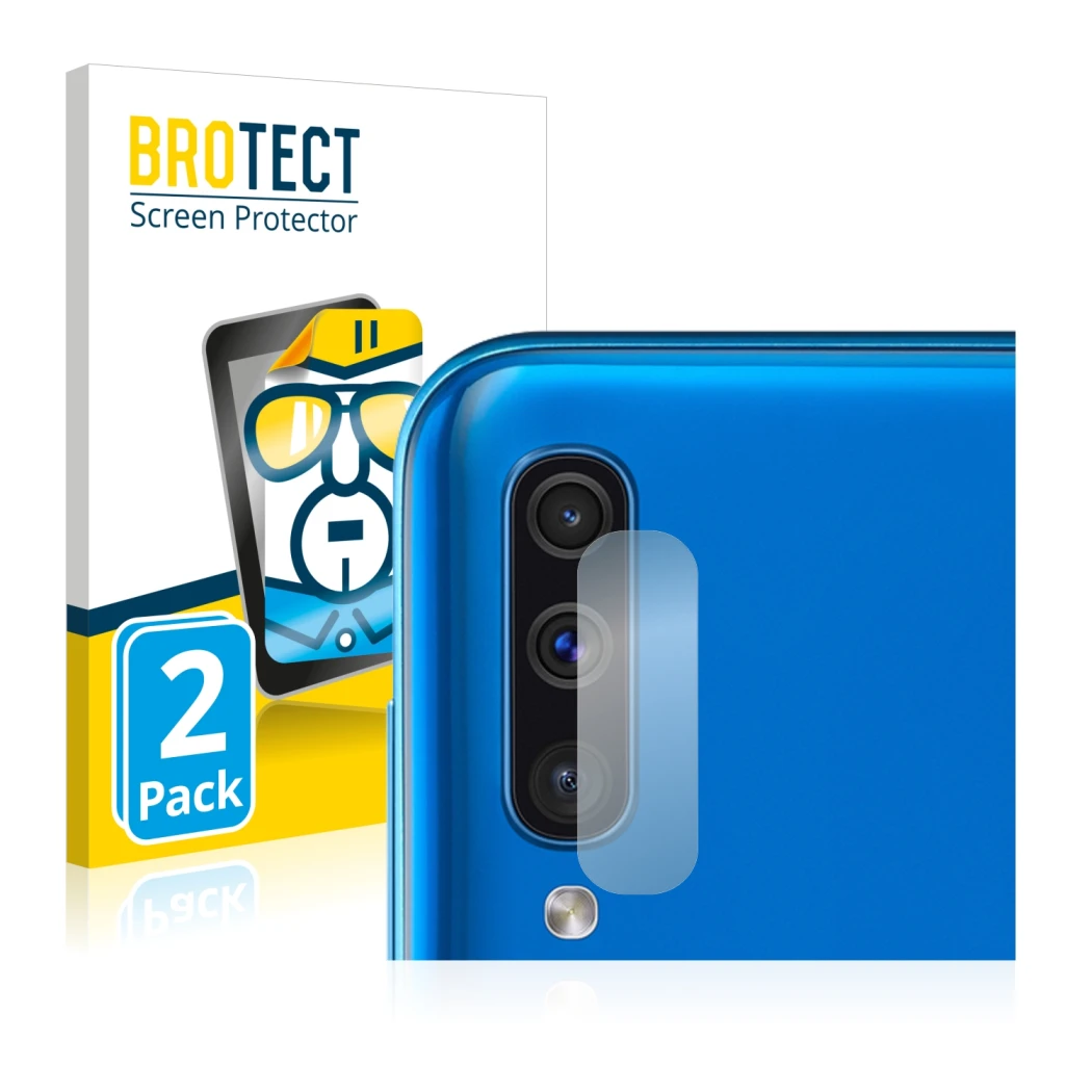 Front side of a product packaging with the brand logo BROTECT. Next to it is the device Samsung Galaxy A50 (ONLY Camera Lens) 