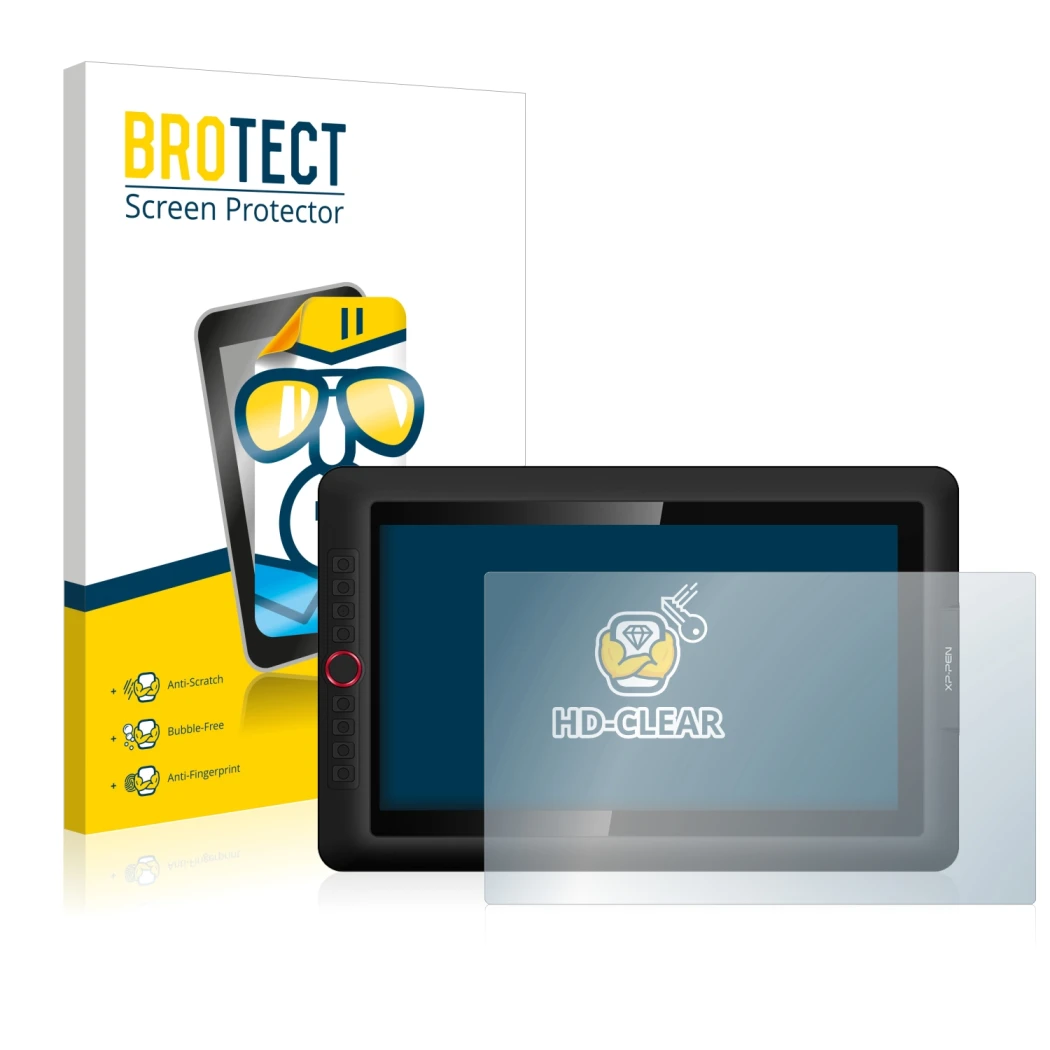 Front side of a product packaging with the brand logo BROTECT. Next to it is the device XP-Pen Artist 15.6 Pro shown with the