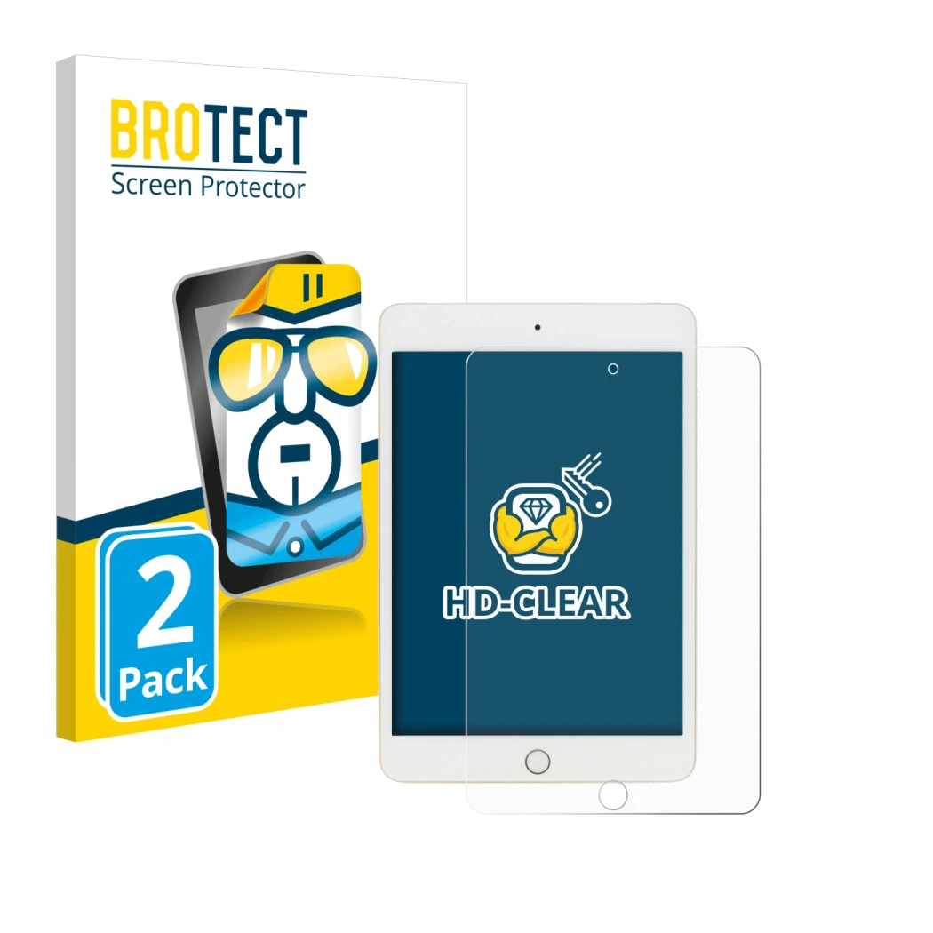 Front side of a product packaging with the brand logo BROTECT. Next to it is the device Apple iPad Mini 5 2019 (5th. Gen.) sho