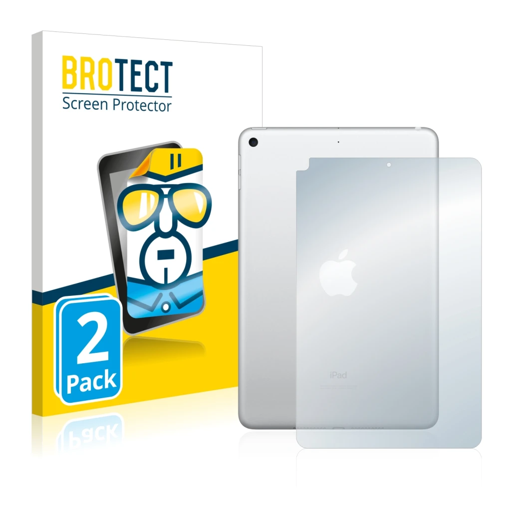 Front side of a product packaging with the brand logo BROTECT. Next to it is the device Apple iPad Mini 5 2019 (Back, 5th Gen.