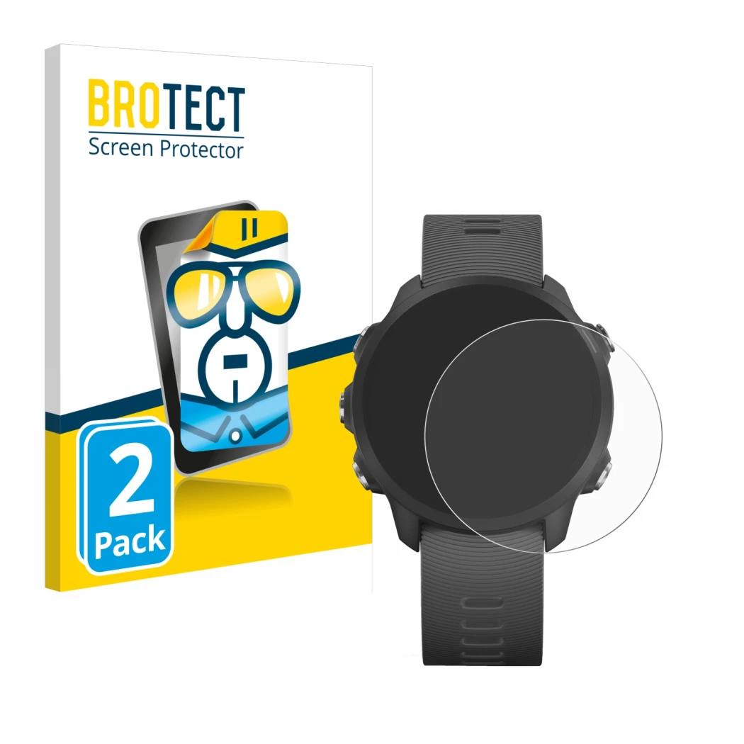 Front side of a product packaging with the brand logo BROTECT. Next to it is the device Garmin Forerunner 245 Music shown with