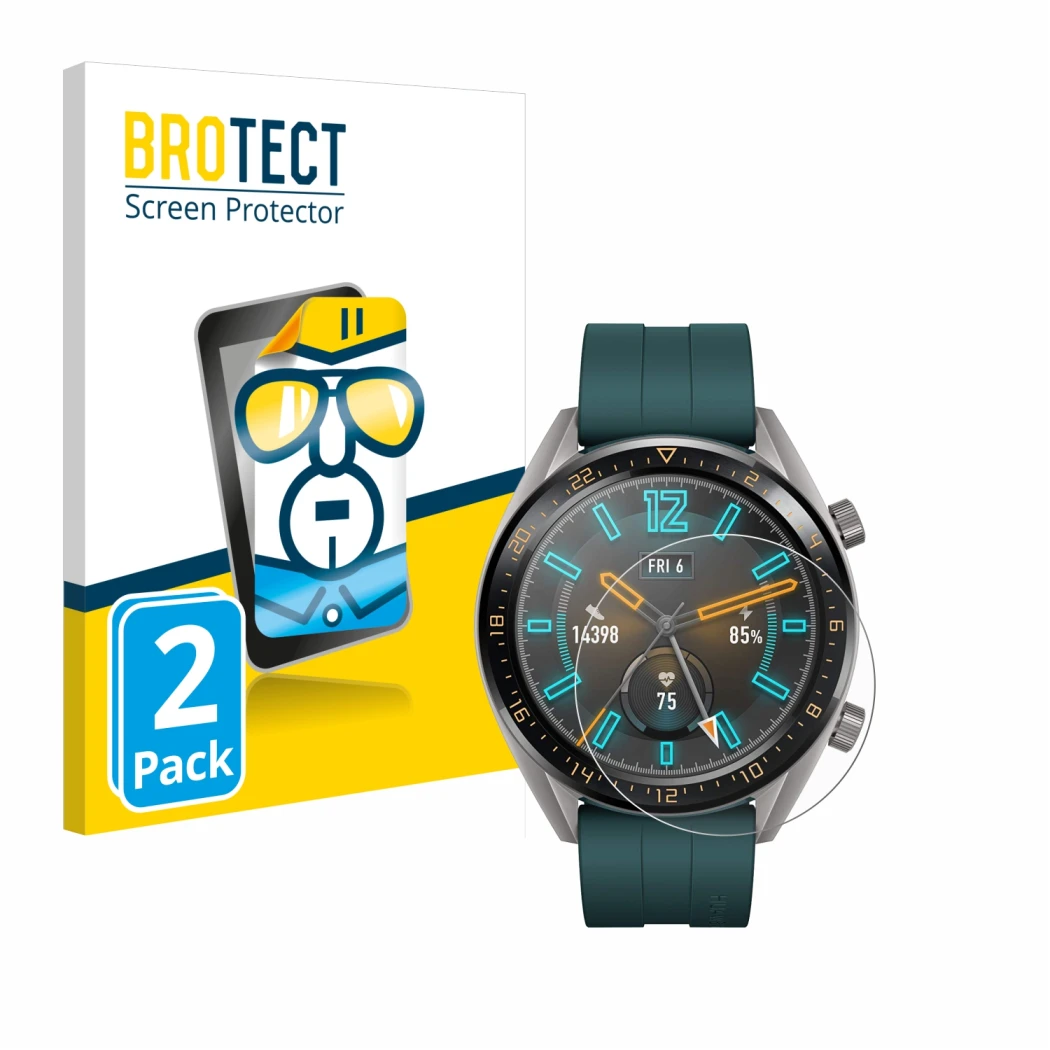 Front side of a product packaging with the brand logo BROTECT. Next to it is the device Huawei Watch GT Active shown with the