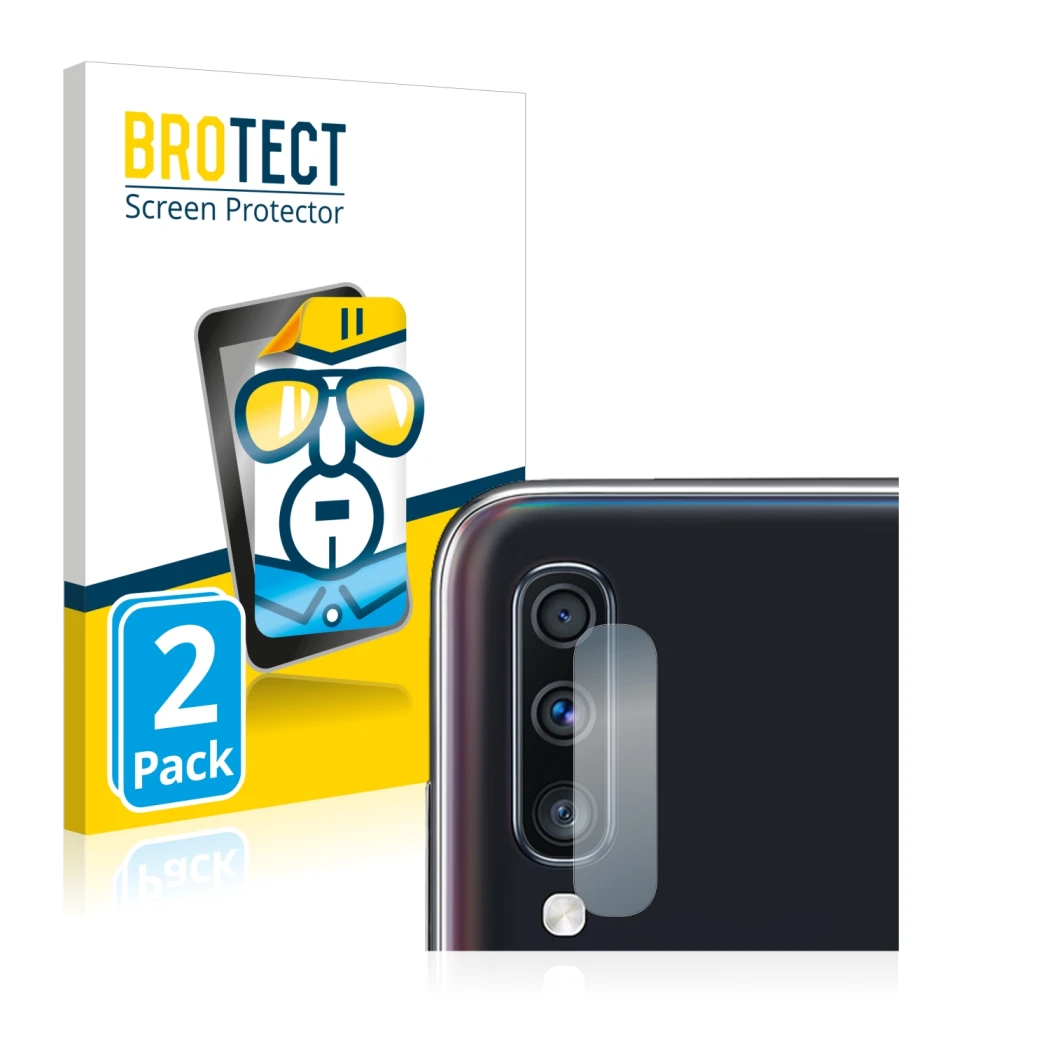 Front side of a product packaging with the brand logo BROTECT. Next to it is the device Samsung Galaxy A70 (ONLY Camera Lens)