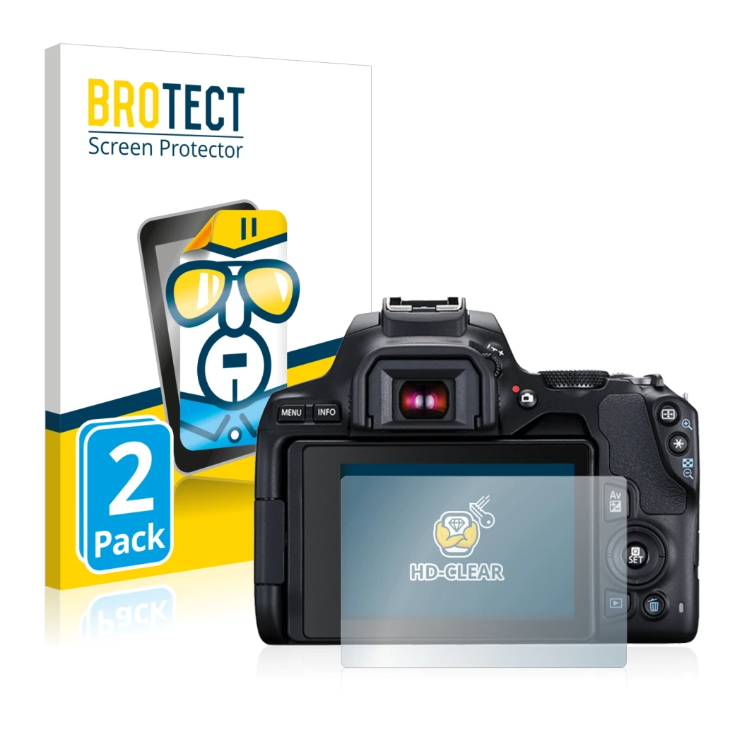 Front side of a product packaging with the brand logo BROTECT. Next to it is the device Canon EOS 250D shown with the correspo