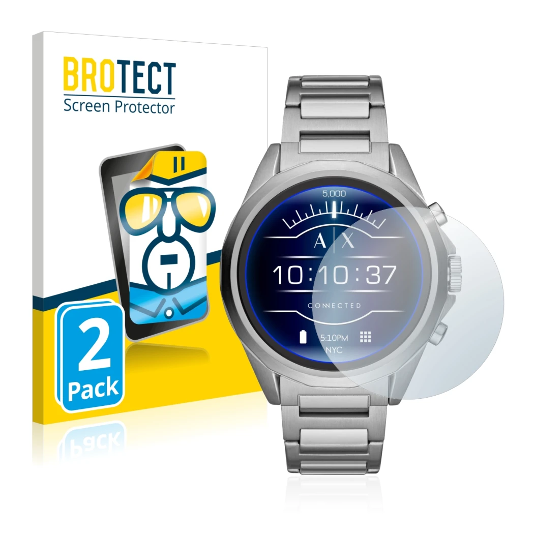 Front side of a product packaging with the brand logo BROTECT. Next to it is the device Emporio Armani Connected Exchange AXT2