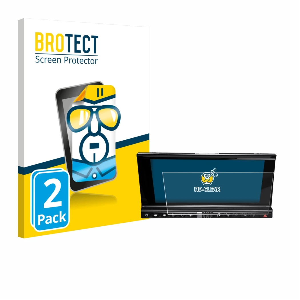 Front side of a product packaging with the brand logo BROTECT. Next to it is the device DS 7 Crossback Infotainmentsystem show