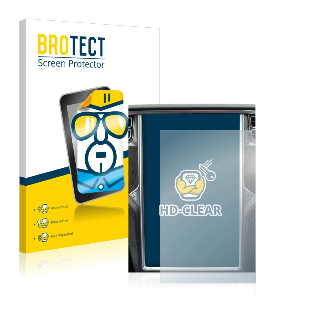 Front side of a product packaging with the brand logo BROTECT. Next to it is the device Tesla Model X shown with the correspon