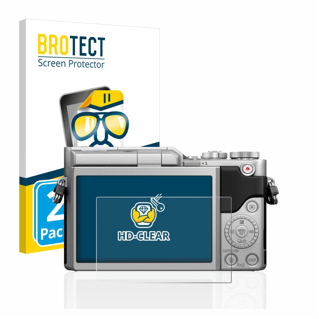 Front side of a product packaging with the brand logo BROTECT. Next to it is the device Panasonic Lumix DC-GX880 shown with th