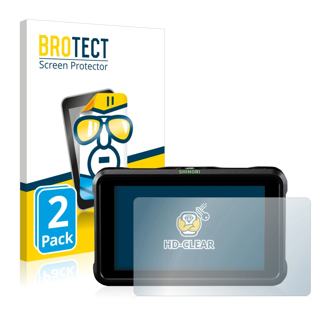Front side of a product packaging with the brand logo BROTECT. Next to it is the device Atomos Shinobi SDI shown with the corr