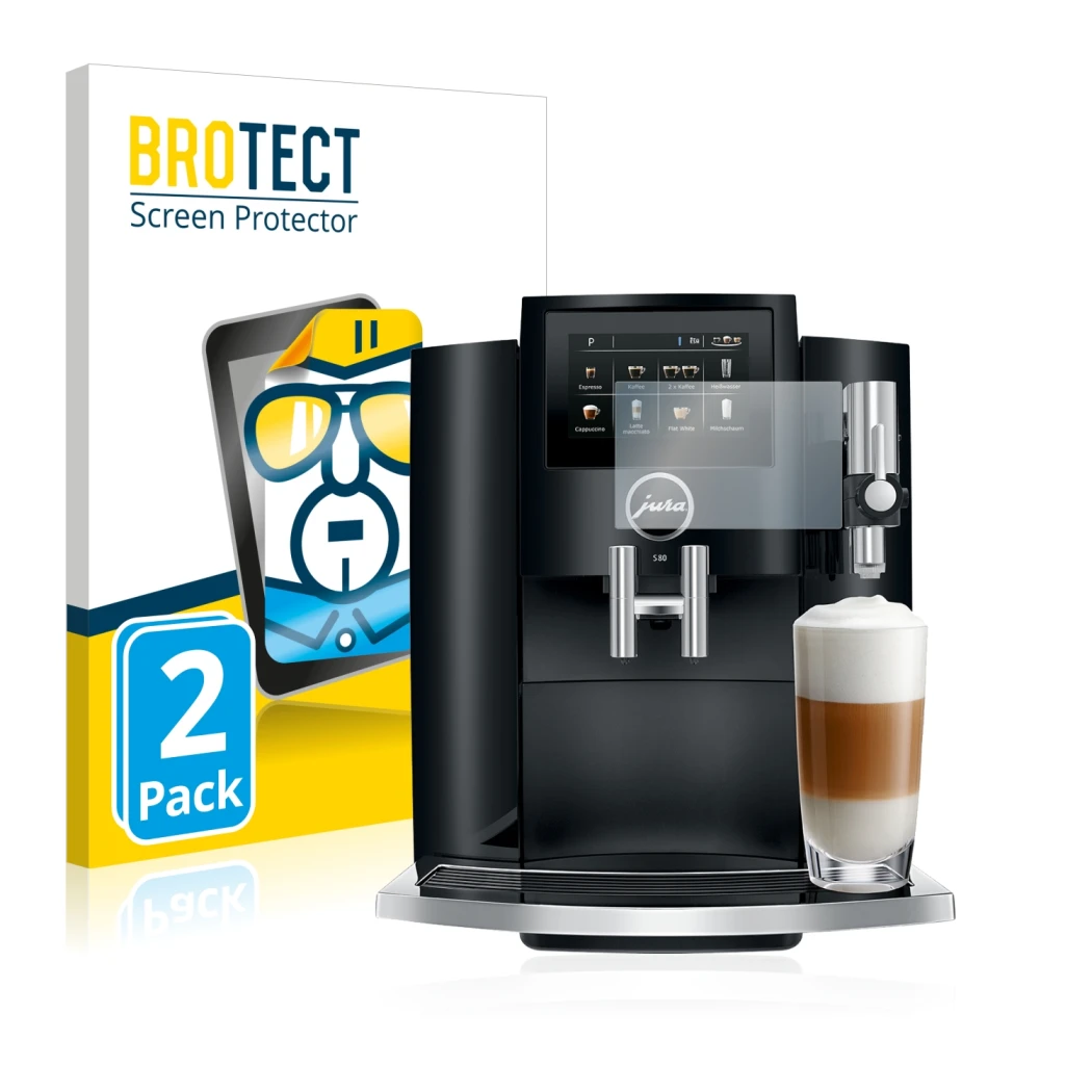 Front side of a product packaging with the brand logo BROTECT. Next to it is the device Jura S8 shown with the corresponding s