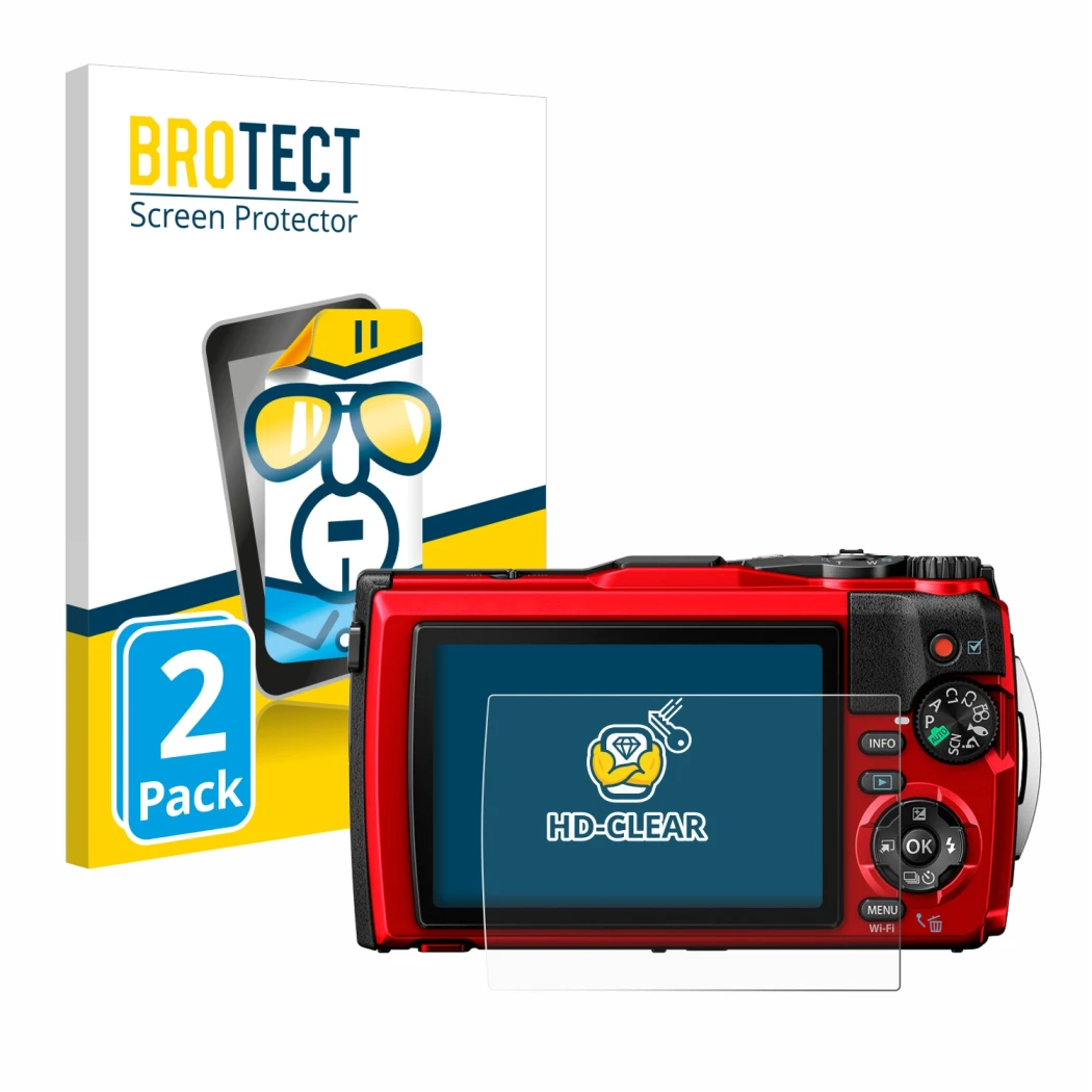 Front side of a product packaging with the brand logo BROTECT. Next to it is the device Olympus Tough TG-6 shown with the corr