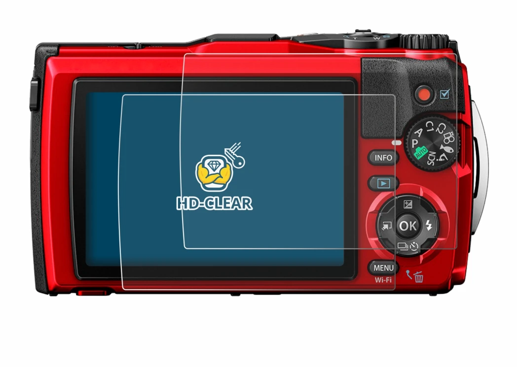 Image of the device Olympus Tough TG-6 with a wide variety of screen protectors.