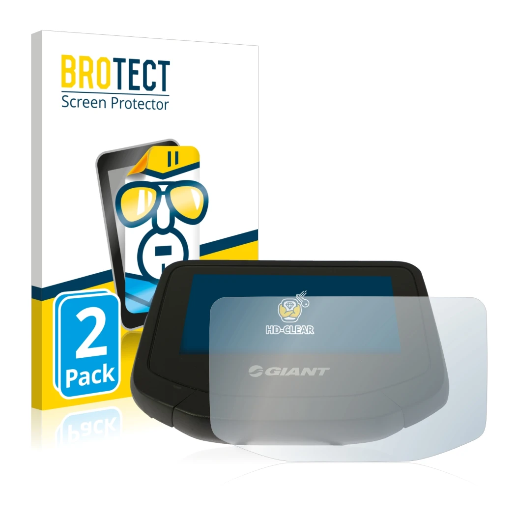 Front side of a product packaging with the brand logo BROTECT. Next to it is the device Giant RideControl Evo shown with the c