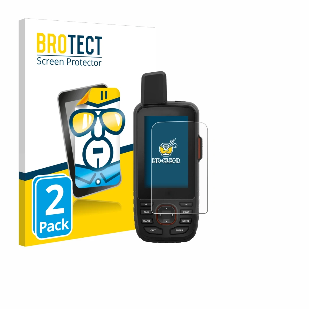 Front side of a product packaging with the brand logo BROTECT. Next to it is the device Garmin GPSMAP 66i shown with the corre
