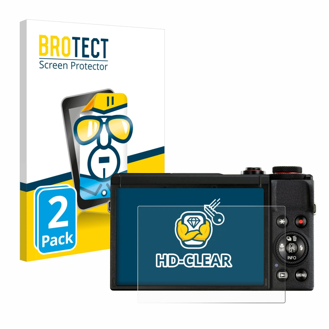 Front side of a product packaging with the brand logo BROTECT. Next to it is the device Canon PowerShot G7 X Mark III shown wi