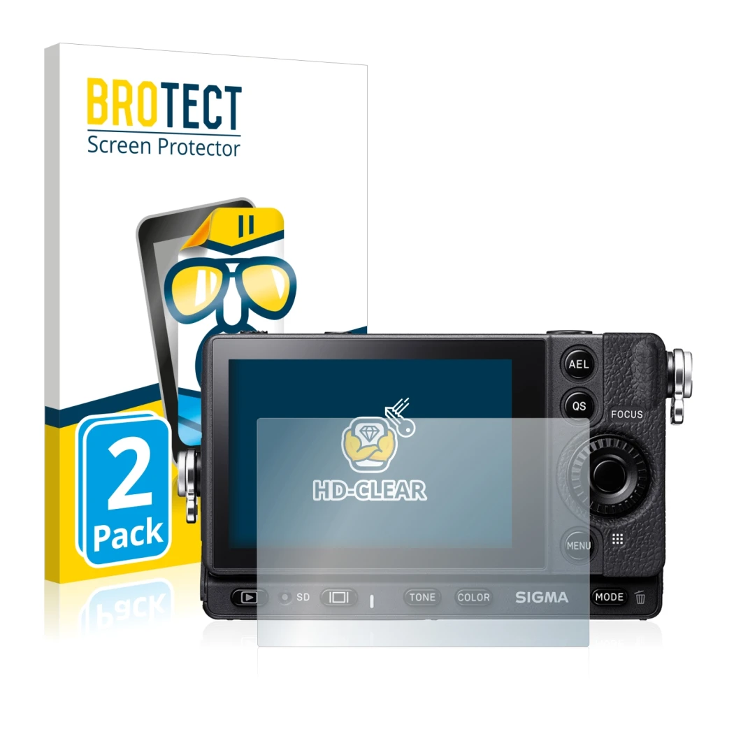 Front side of a product packaging with the brand logo BROTECT. Next to it is the device Sigma FP shown with the corresponding 