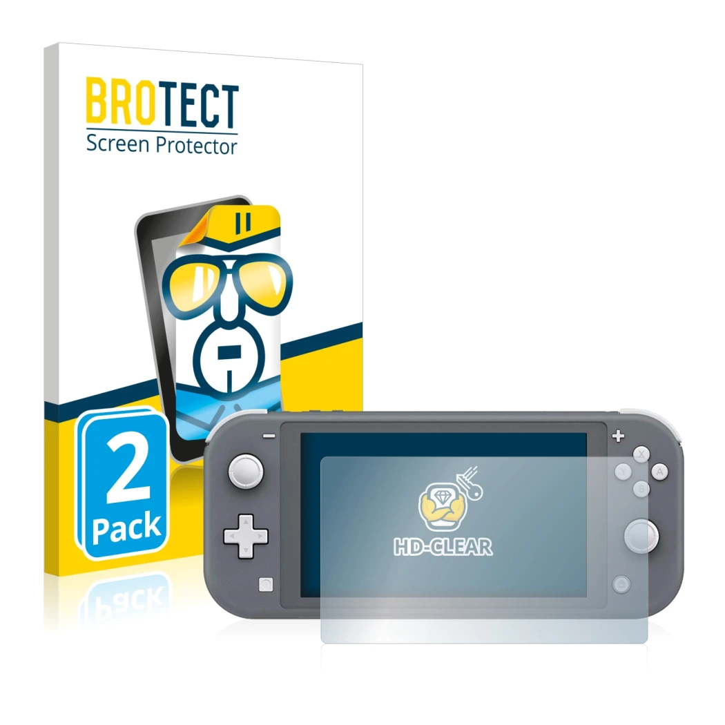 Front side of a product packaging with the brand logo BROTECT. Next to it is the device Nintendo Switch Lite shown with the co