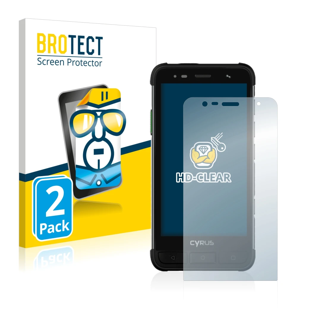 Front side of a product packaging with the brand logo BROTECT. Next to it is the device Cyrus CS45 XA shown with the correspon