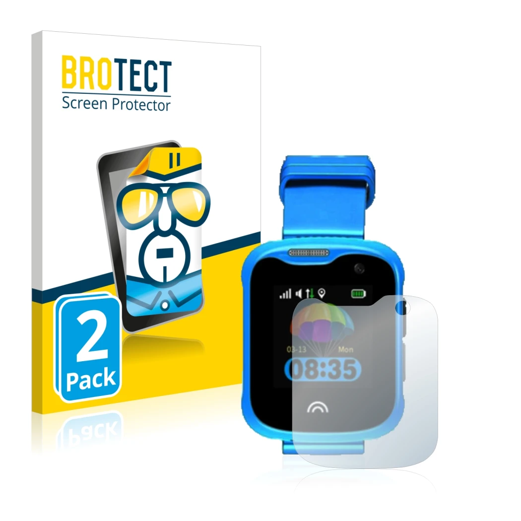 Front side of a product packaging with the brand logo BROTECT. Next to it is the device KiDSnav Ultra shown with the correspon