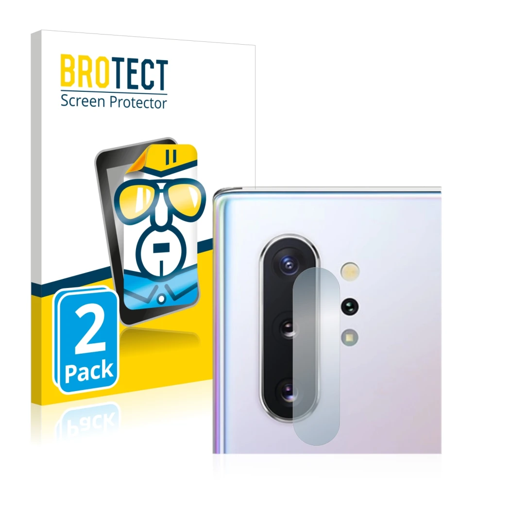 Front side of a product packaging with the brand logo BROTECT. Next to it is the device Samsung Galaxy Note 10 Plus (ONLY Came