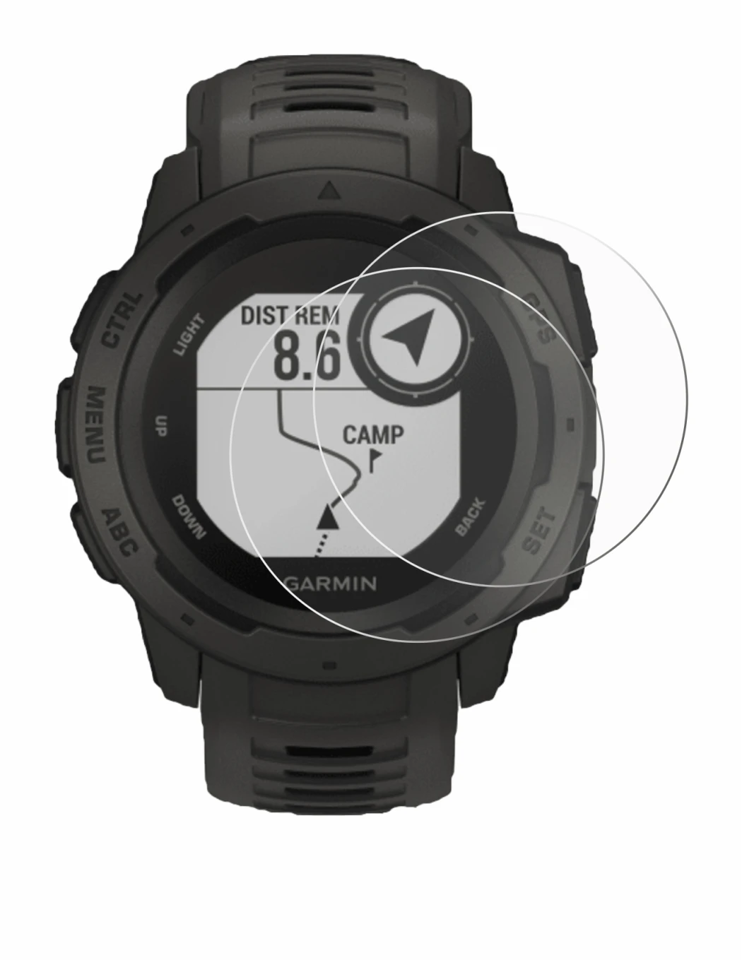 Image of the device Garmin Instinct Tactical Edition with a wide variety of screen protectors.